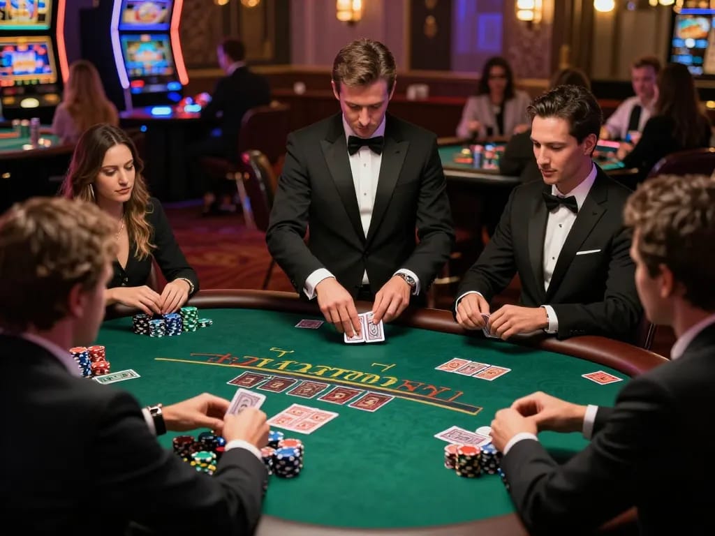 Players strategizing at a blackjack table in a dynamic casino scene on 98win.