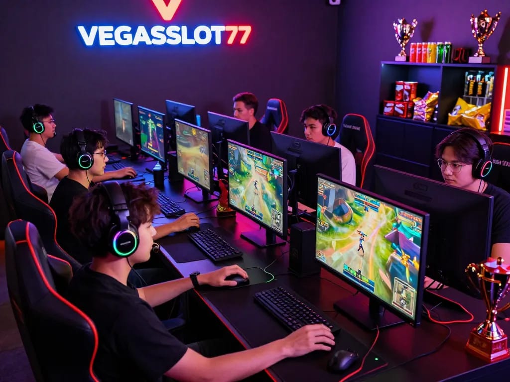 Exciting gaming moment at VEGASSLOT77 with players using high-tech setups in a vibrant environment, exemplifying engaging online gameplay.