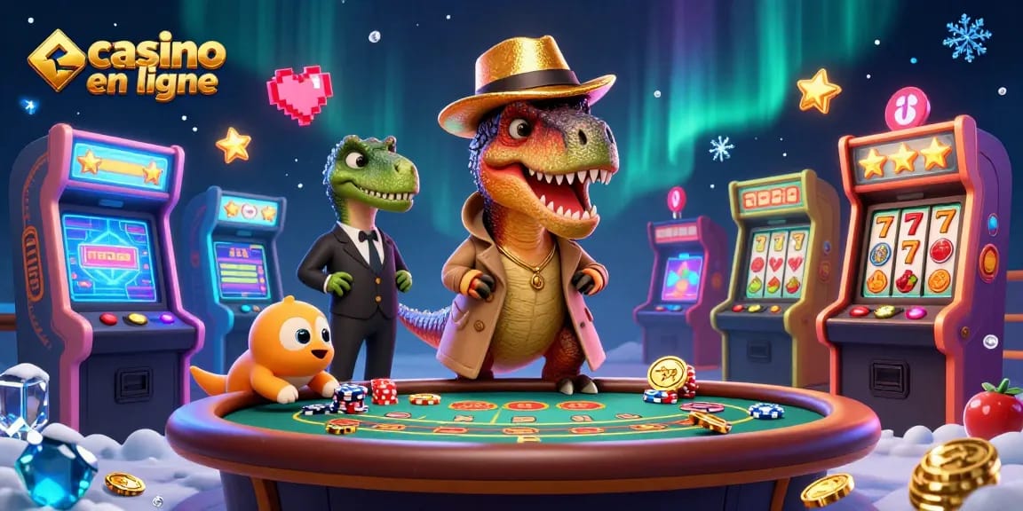 Vente au casino en ligne avec un velociraptor comptant les cartes et des éléments de jeu colorés autour.