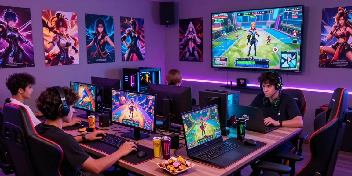 Group of gamers playing colorful hentai game on multiple devices in a vibrant room with gaming posters and snacks.