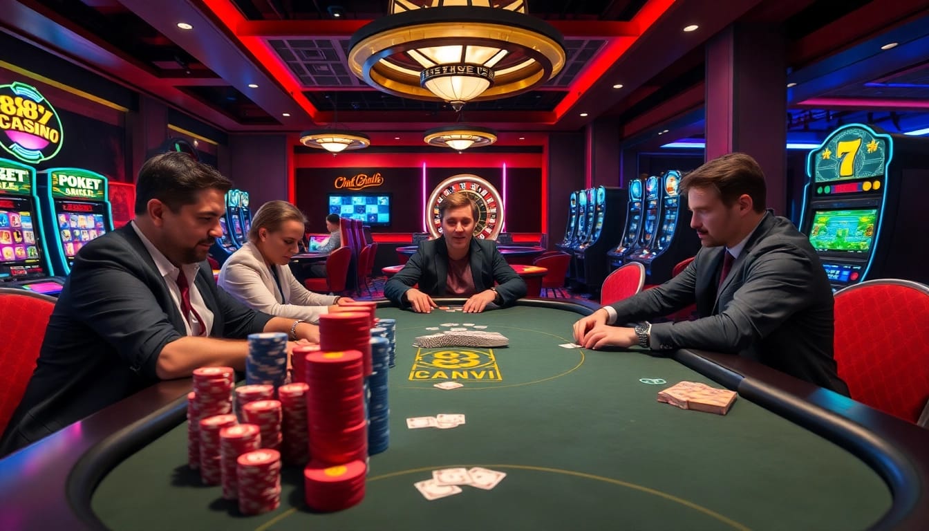 Experience the thrilling gameplay of 888VI at a luxurious poker table with vibrant casino elements.