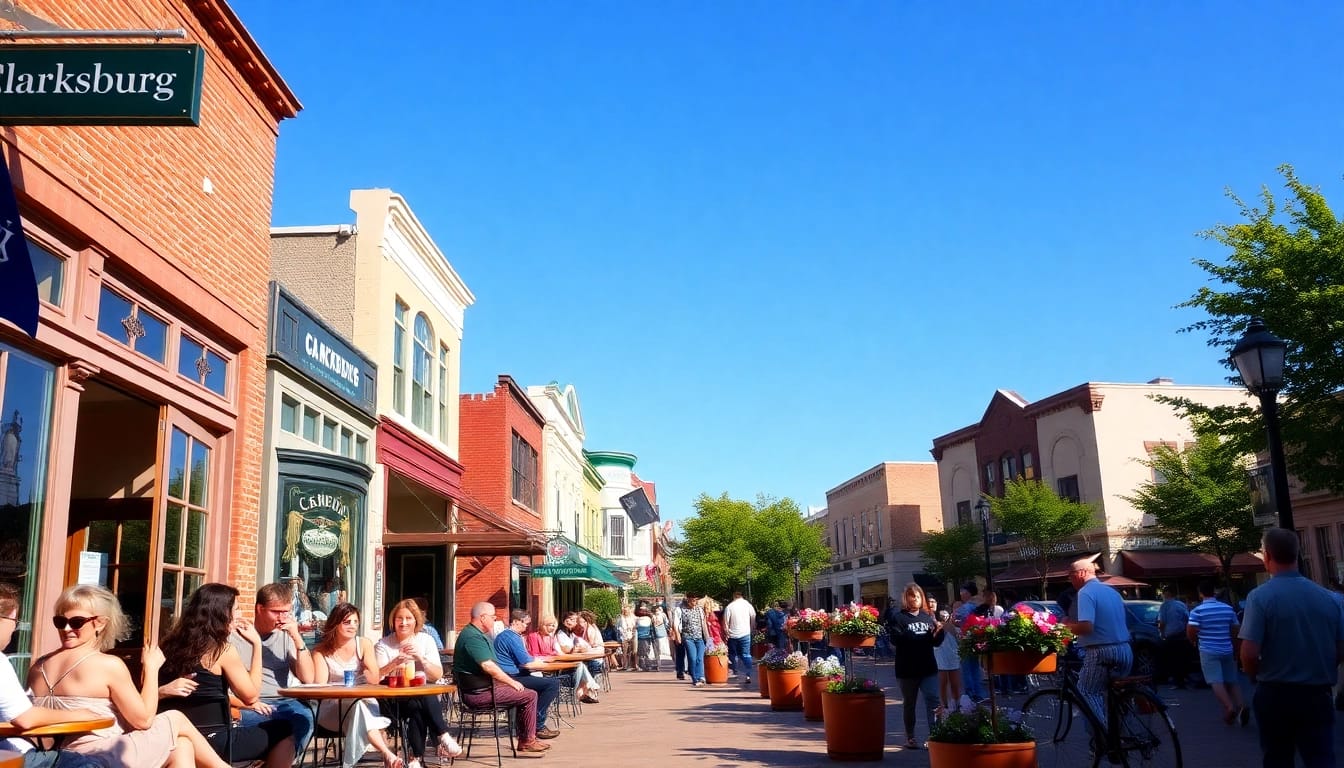 Clarksburg street scene with locals enjoying cafés, showcasing vibrant community life.