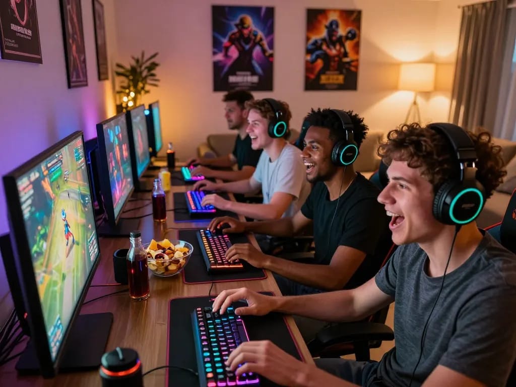 Friends enjoying a thrilling gaming session on mantra88 platform in a vibrant living room.