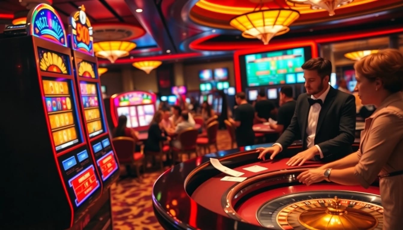 Suasana kasino yang seru di jmacdonaldphoto.com dengan para pemain merayakan kemenangan jackpot.