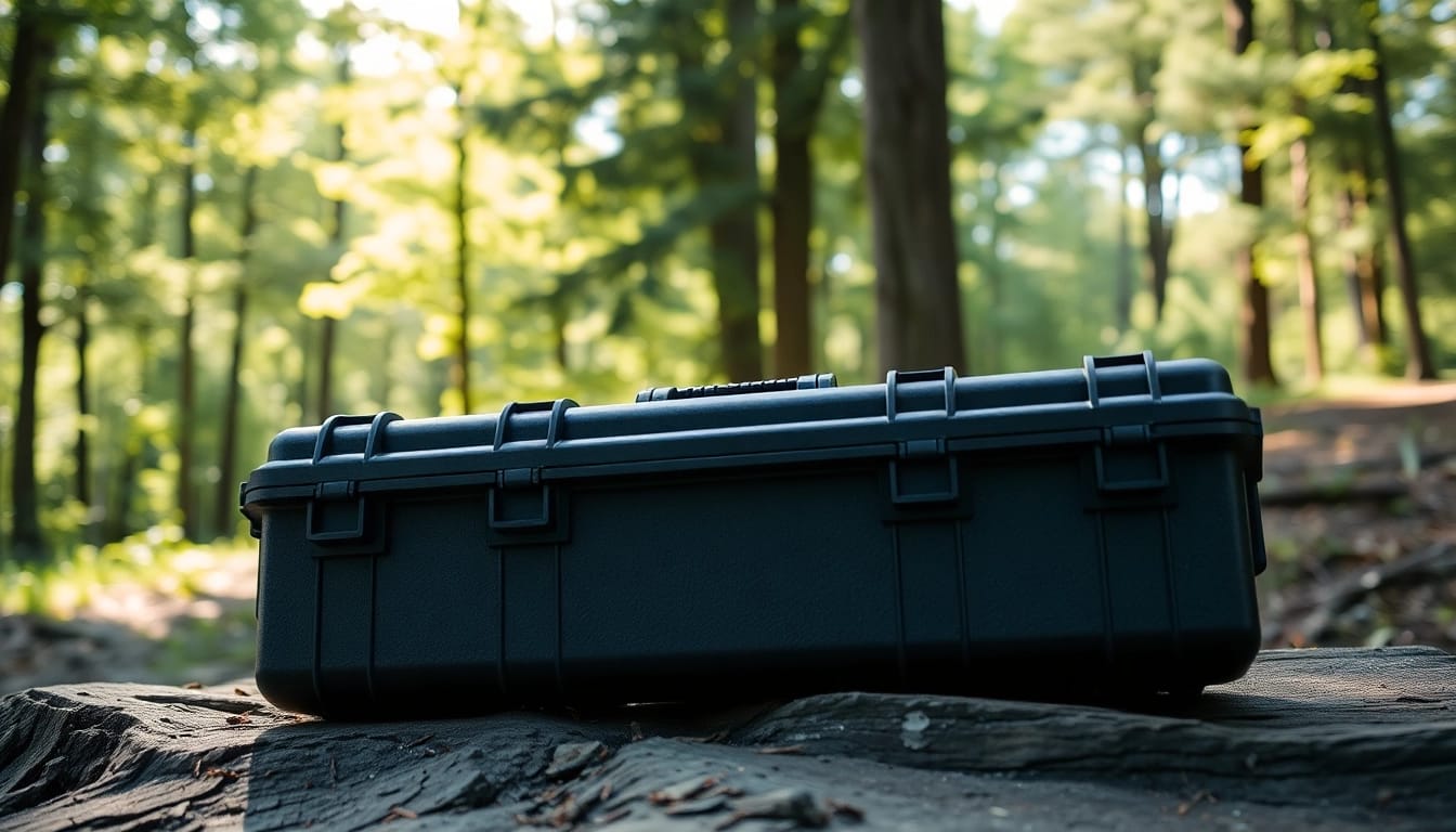 View of a pelican rifle case on a rustic surface surrounded by nature.