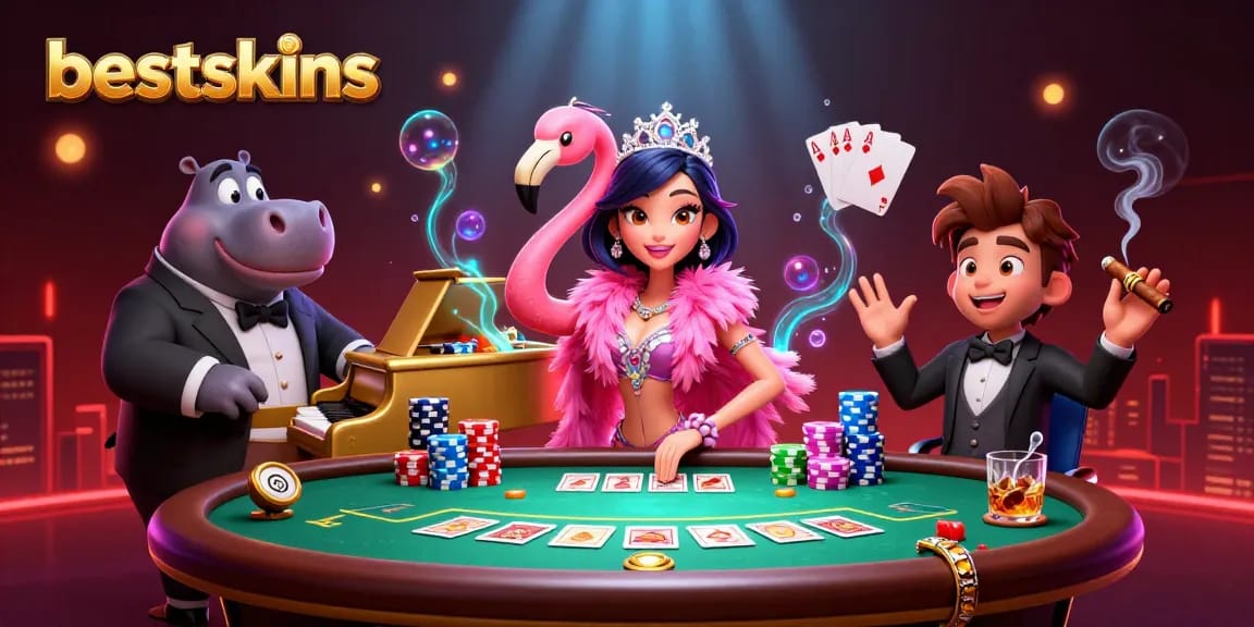 Play and win at bestskins with vibrant casino characters in a lively poker scene.