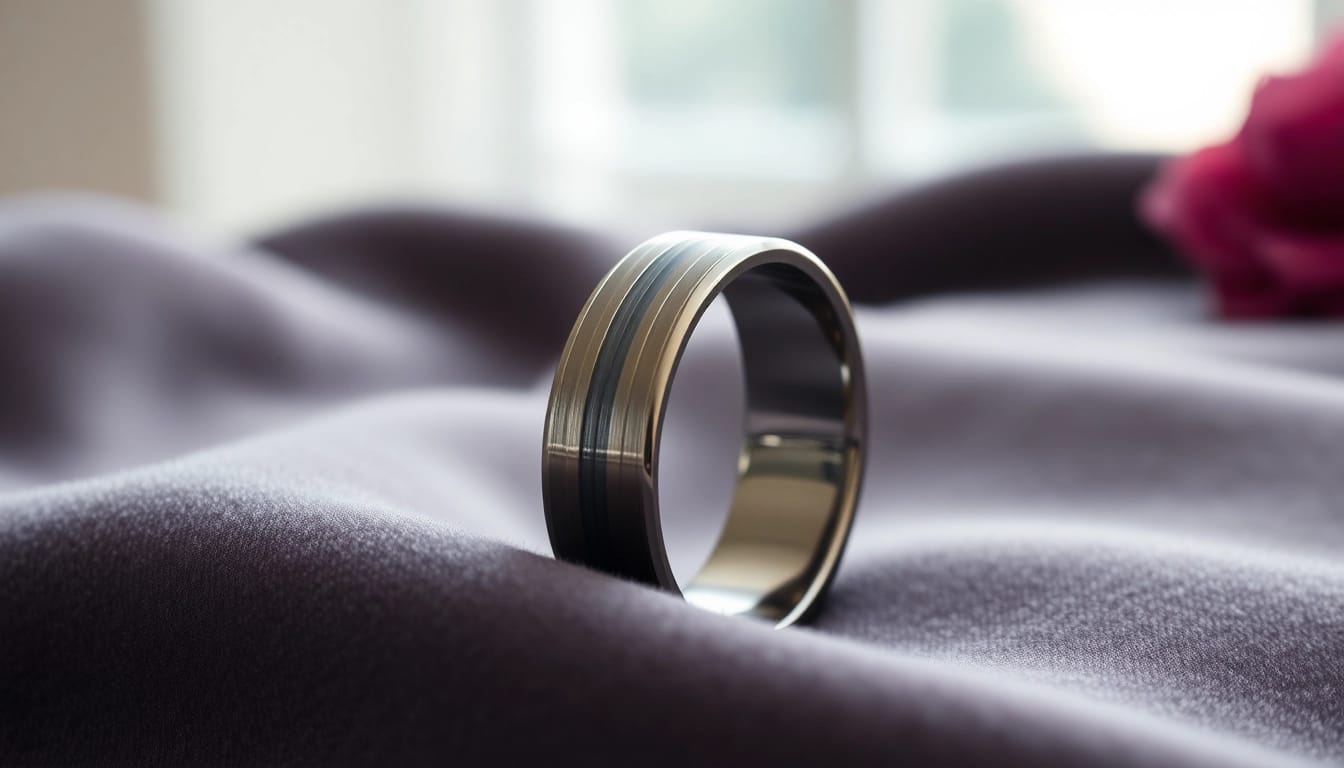 Showcasing Gunmetal Wedding Bands for Men, highlighting a sleek design with a brushed finish.