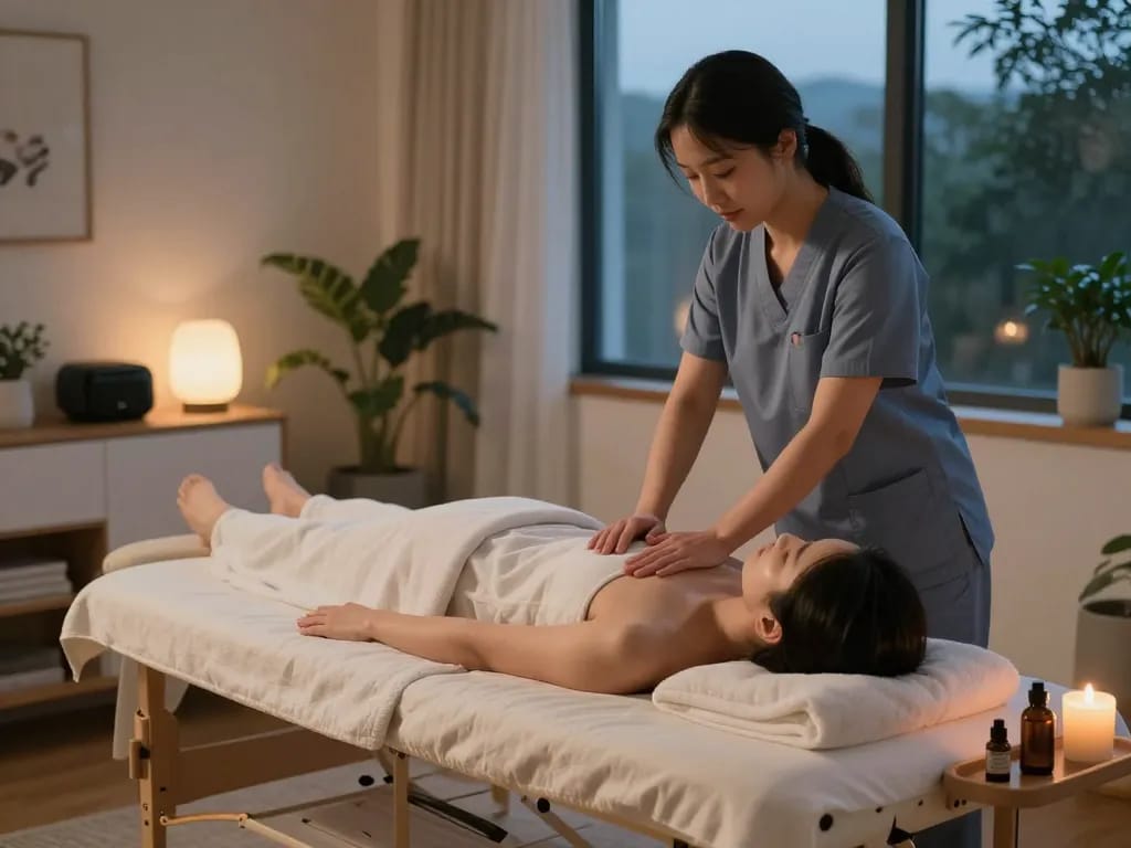 부천 출장마사지 in a tranquil home setting with relaxing candles and soothing therapist actions.