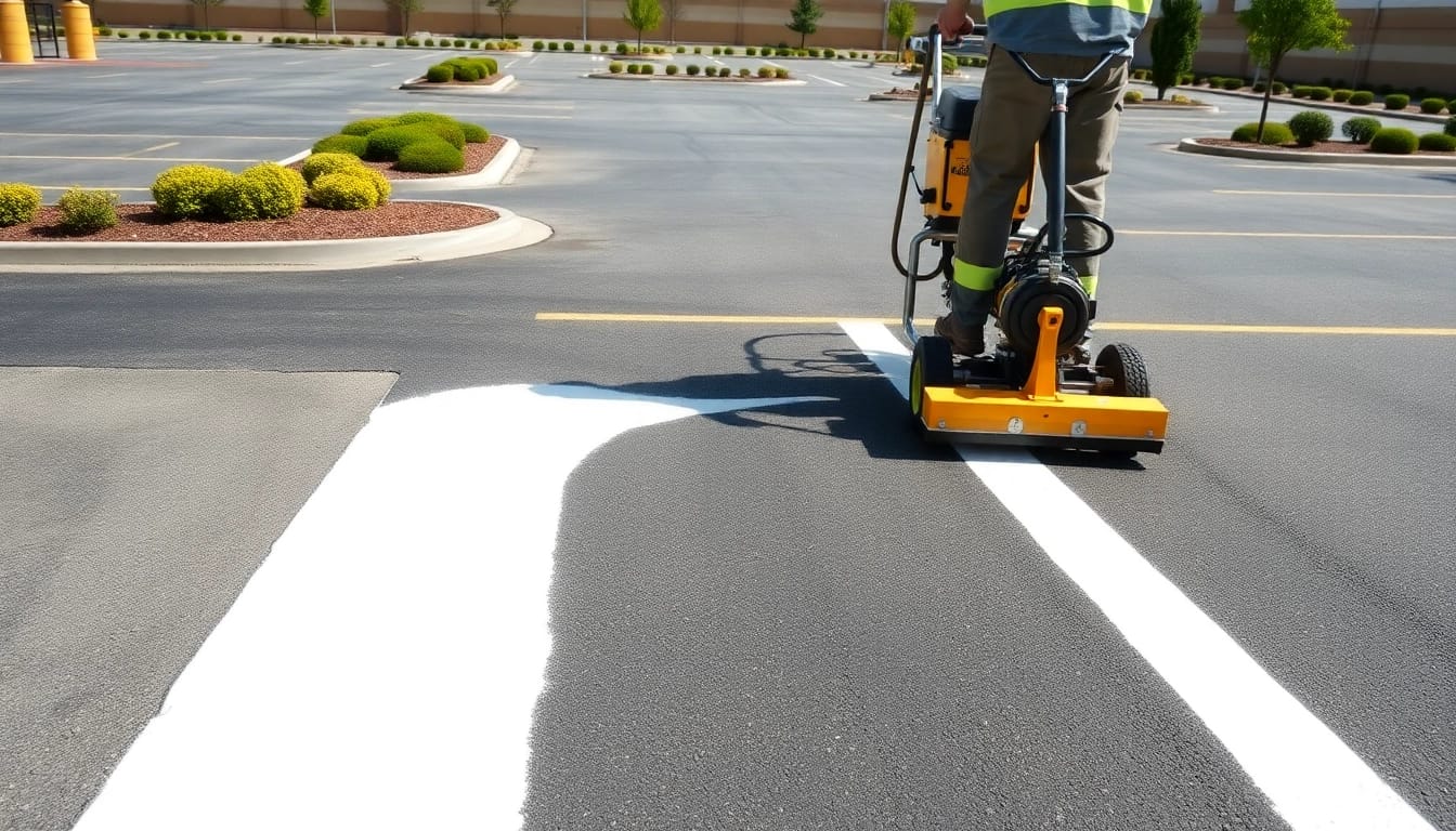 Professional parking lot striping Jackson MS with precision lines being painted in a well-organized area.