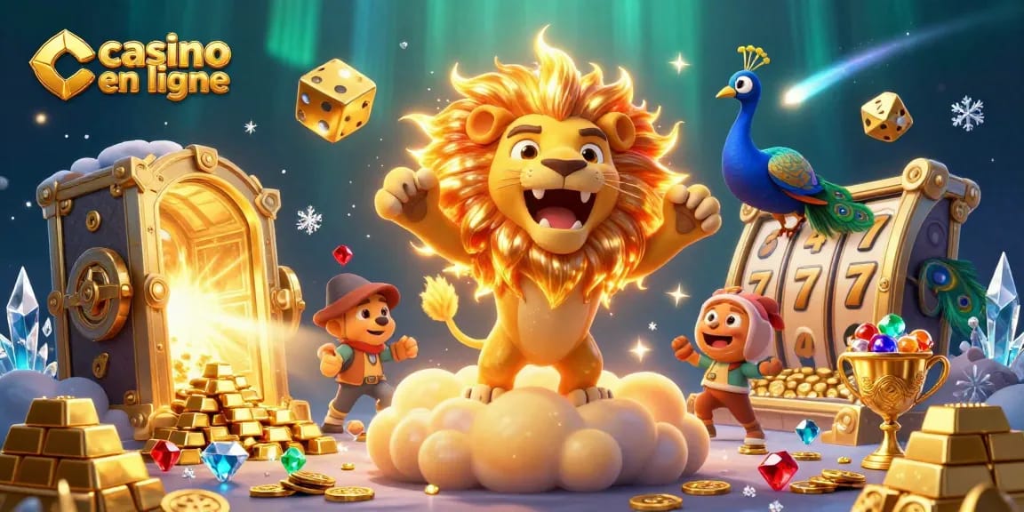 Jouez au casino en ligne avec un lion dans une illustration 3D brillante, plein de trésors !