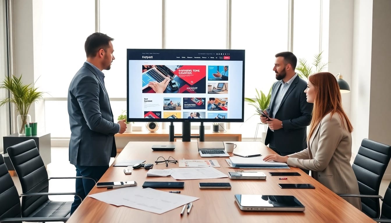 Website design Hereford team collaborating in a modern office showcasing innovative designs.
