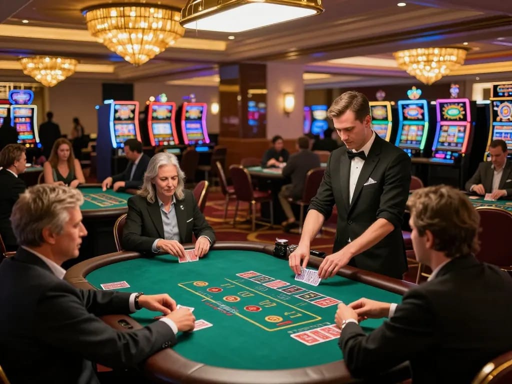 Players engaging in a thrilling blackjack game at dn88 casino during vibrant evening hours.