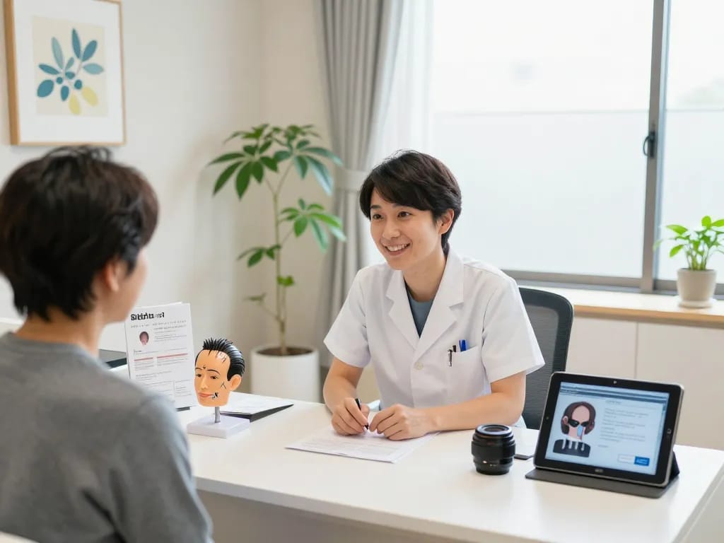 日本京都での自毛植毛相談。医師が患者と落ち着いた現代的なクリニックで選択肢を話し合っています。