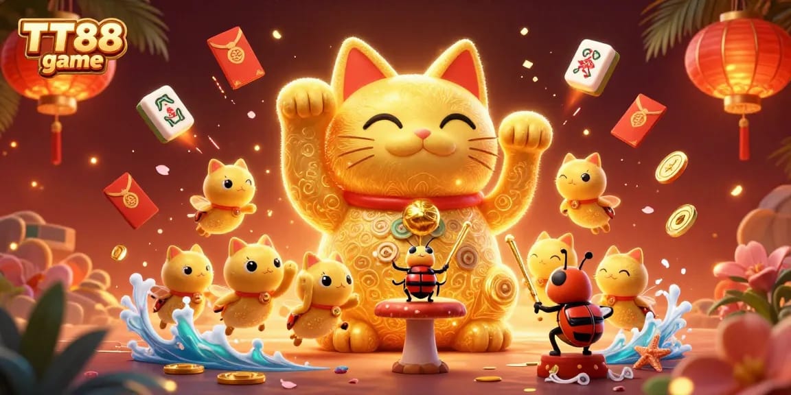 Play exciting TT88 game with a dynamic 3D lucky cat and colorful casino elements.