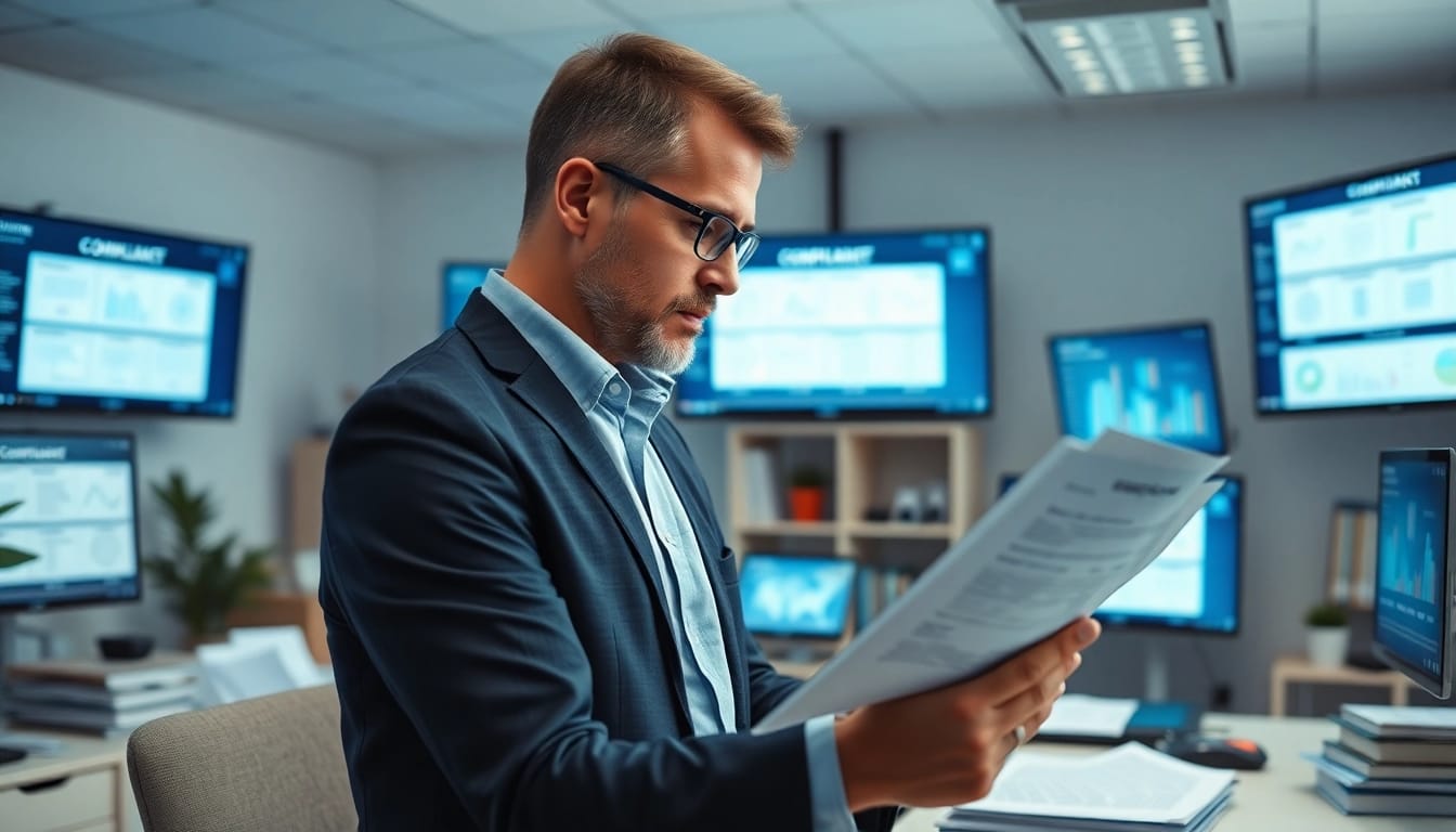 Consultant reviewing FCPA/DCAA/Flowdown/ITAR/EAR compliance regulations in a modern office environment.