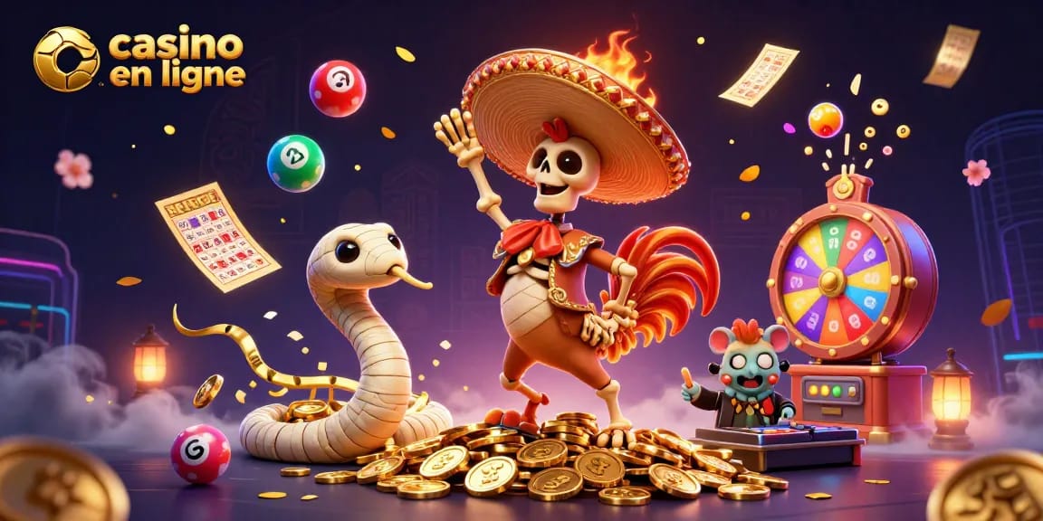 Visualiser une scène animée de casino en ligne avec un rooster mariachi et un DJ hamster, profitant de gains.