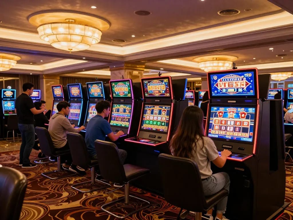 Players celebrating wins at slot6000 machines in a luxurious gaming area with vibrant screens.