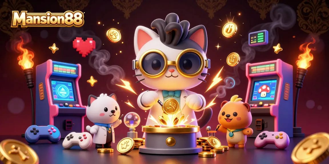 Engage with Mansion88's thrilling casino experience, featuring vibrant characters amidst casino games.