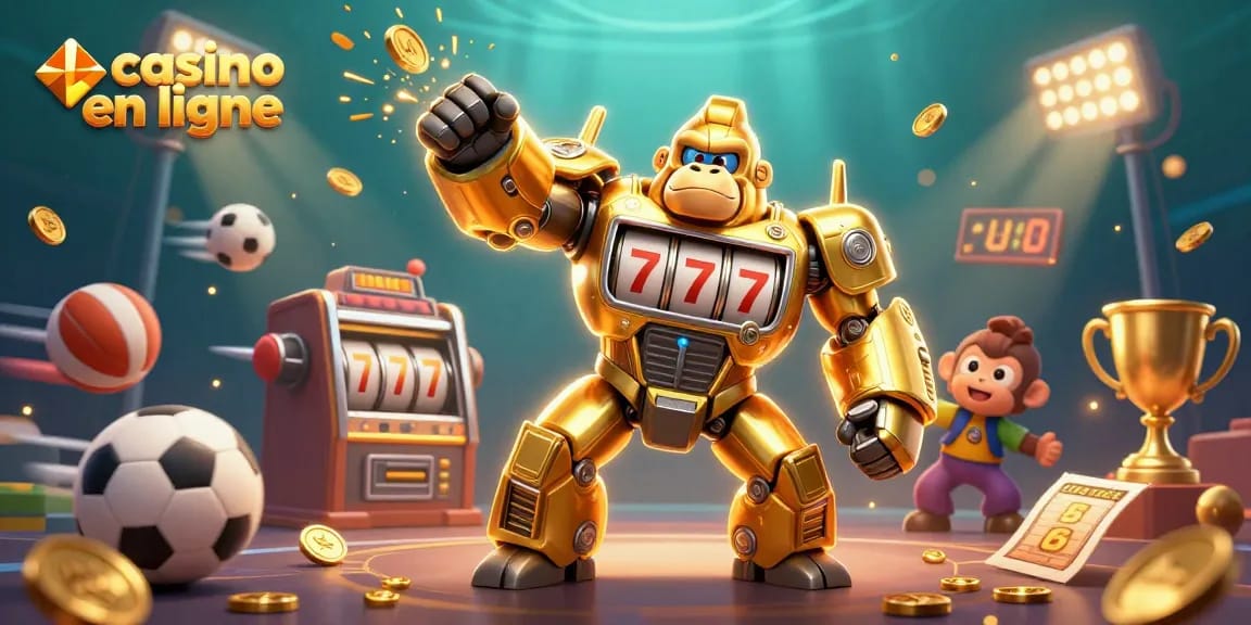 Jouez au casino en ligne en découvrant des jeux passionnants avec des éléments sportifs dans une illustration 3D dynamique.