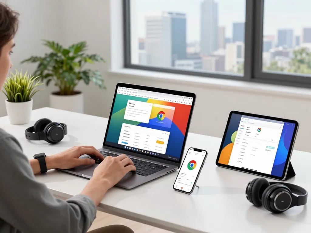 Experience the efficiency of 谷歌浏览器 on multiple devices in a modern workspace.