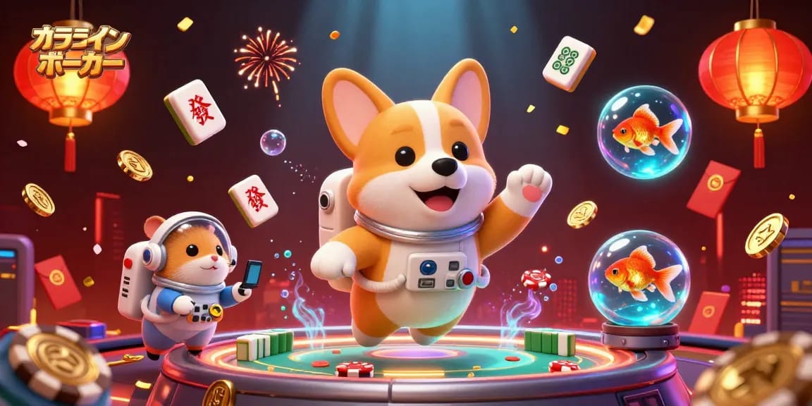 オンラインポーカーで賭け合いながら、浮かぶポーカーチップと金貨を楽しむキャラクターたち。