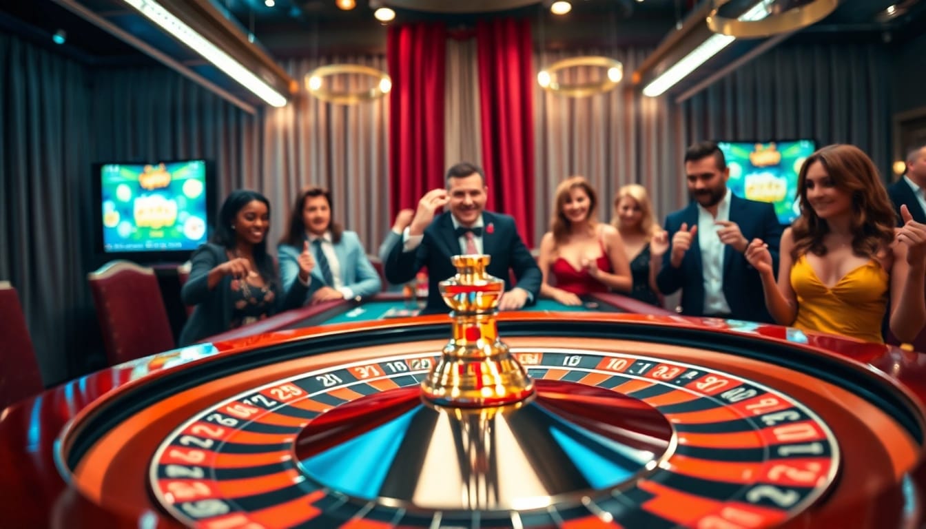 Engaging players at an online roulette South Africa table in a vibrant casino setting.