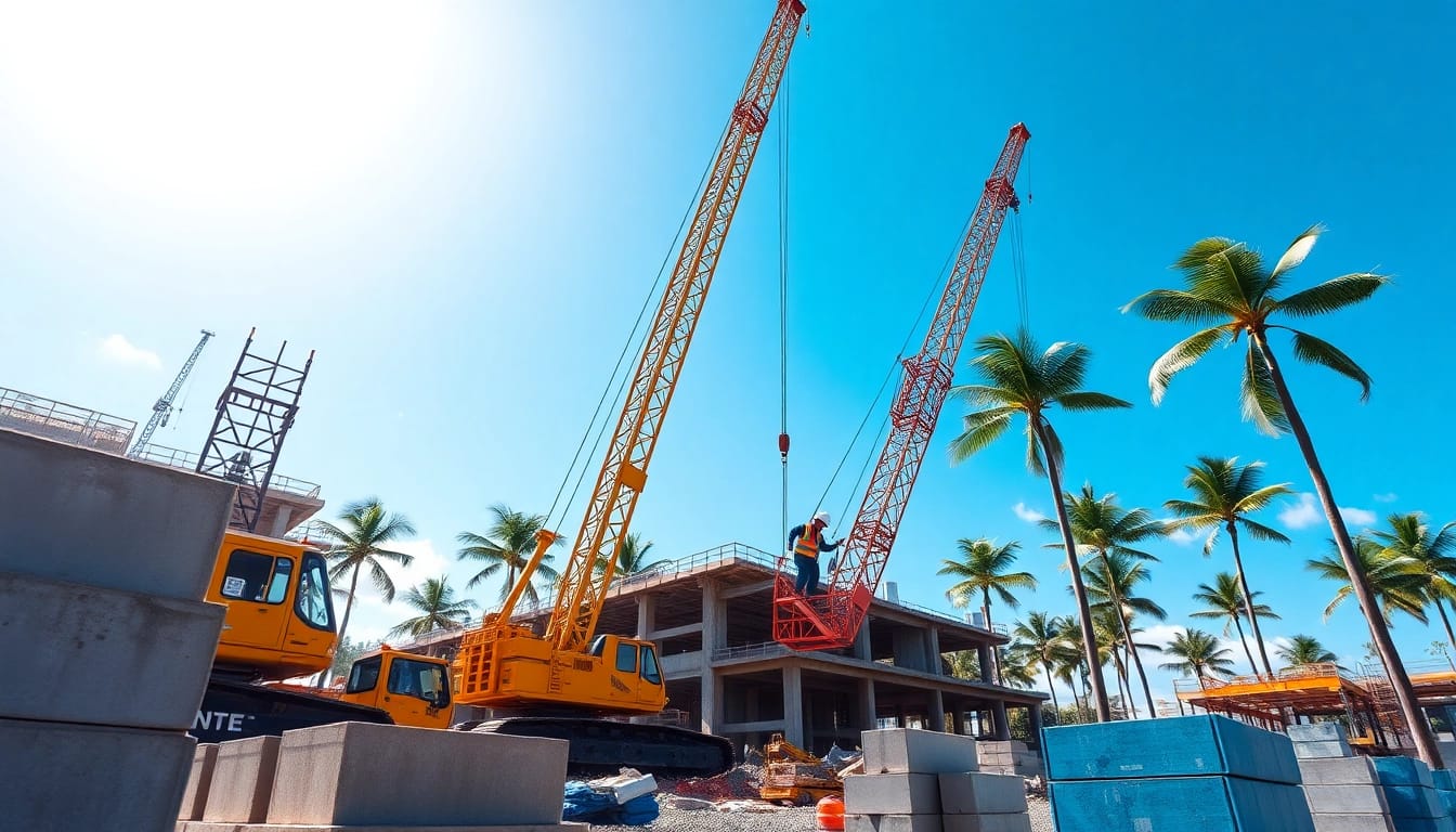 Hawaii construction news featuring a vibrant construction site with cranes and tropical backdrop.