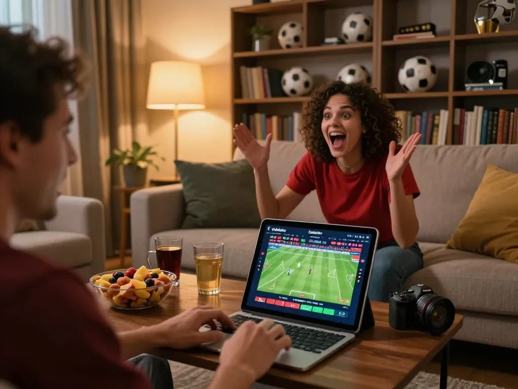 Cakhiatv player engaging in live sports betting from a cozy home environment, showcasing excitement and enjoyment.