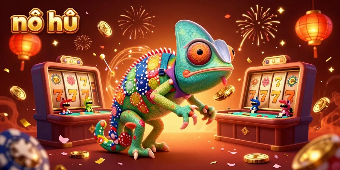 Nổ hũ slot experience with a vibrant chameleon casino owner surrounded by festive elements.