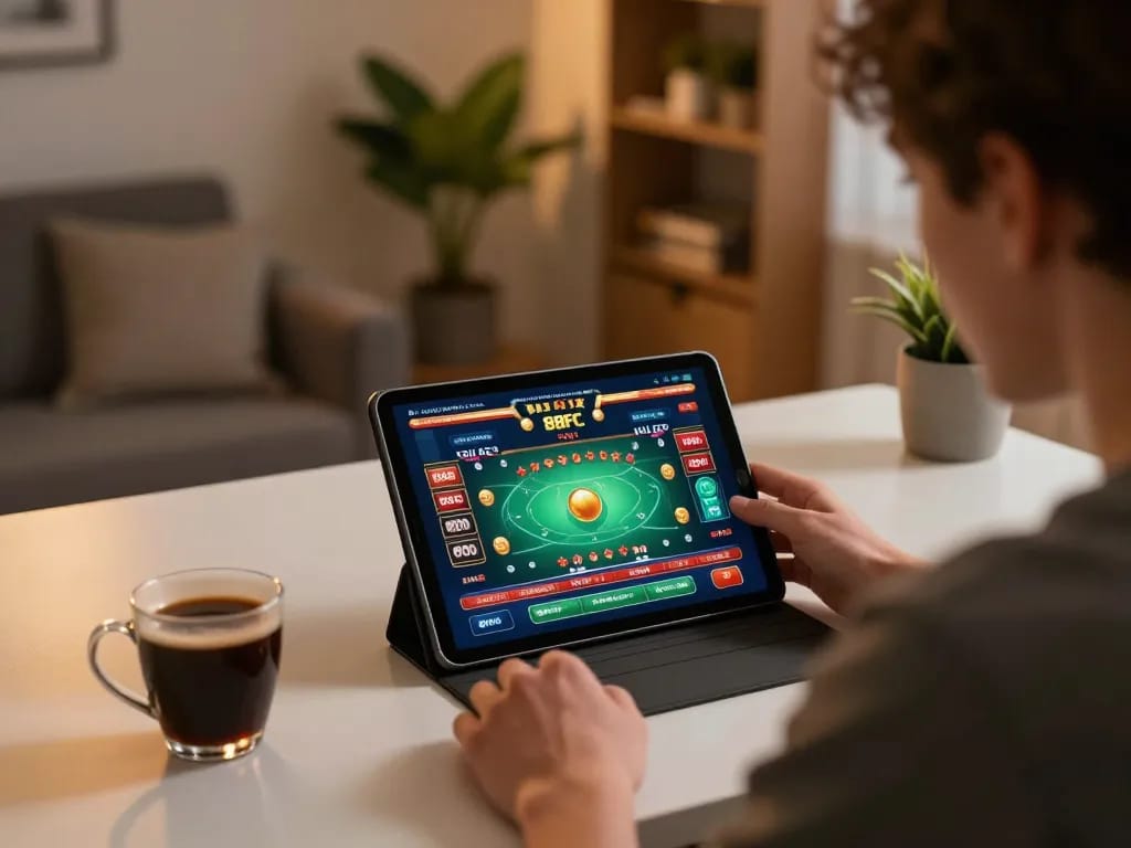 Engaged player exploring the 88FC casino app on tablet, capturing the essence of online gambling.