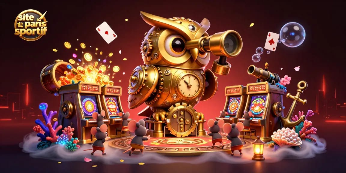 Découvrez le site de paris sportif avec l'hibou doré et les éléments de casino captivants.