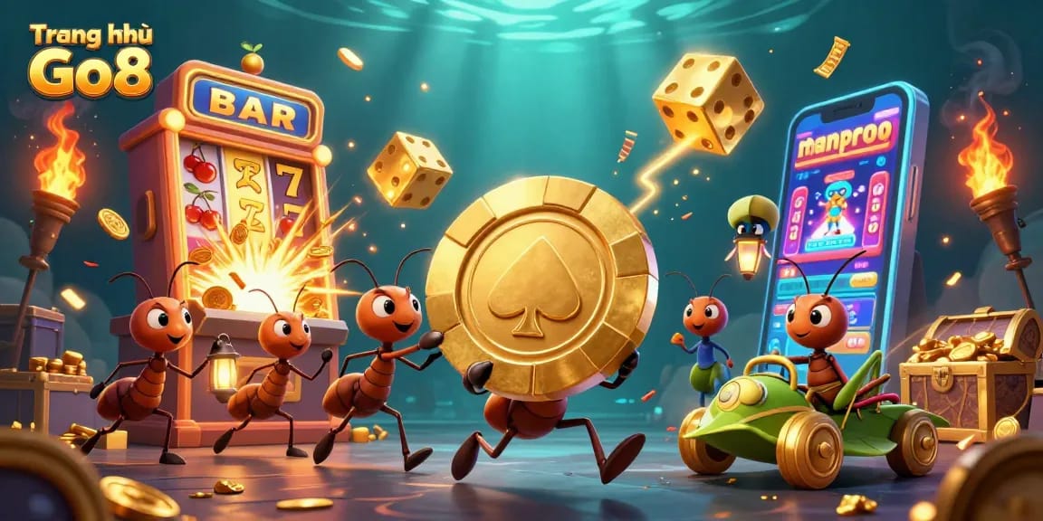 Join the thrilling adventure on Trang chủ Go8 as ants carry a giant poker chip through vibrant casino elements.