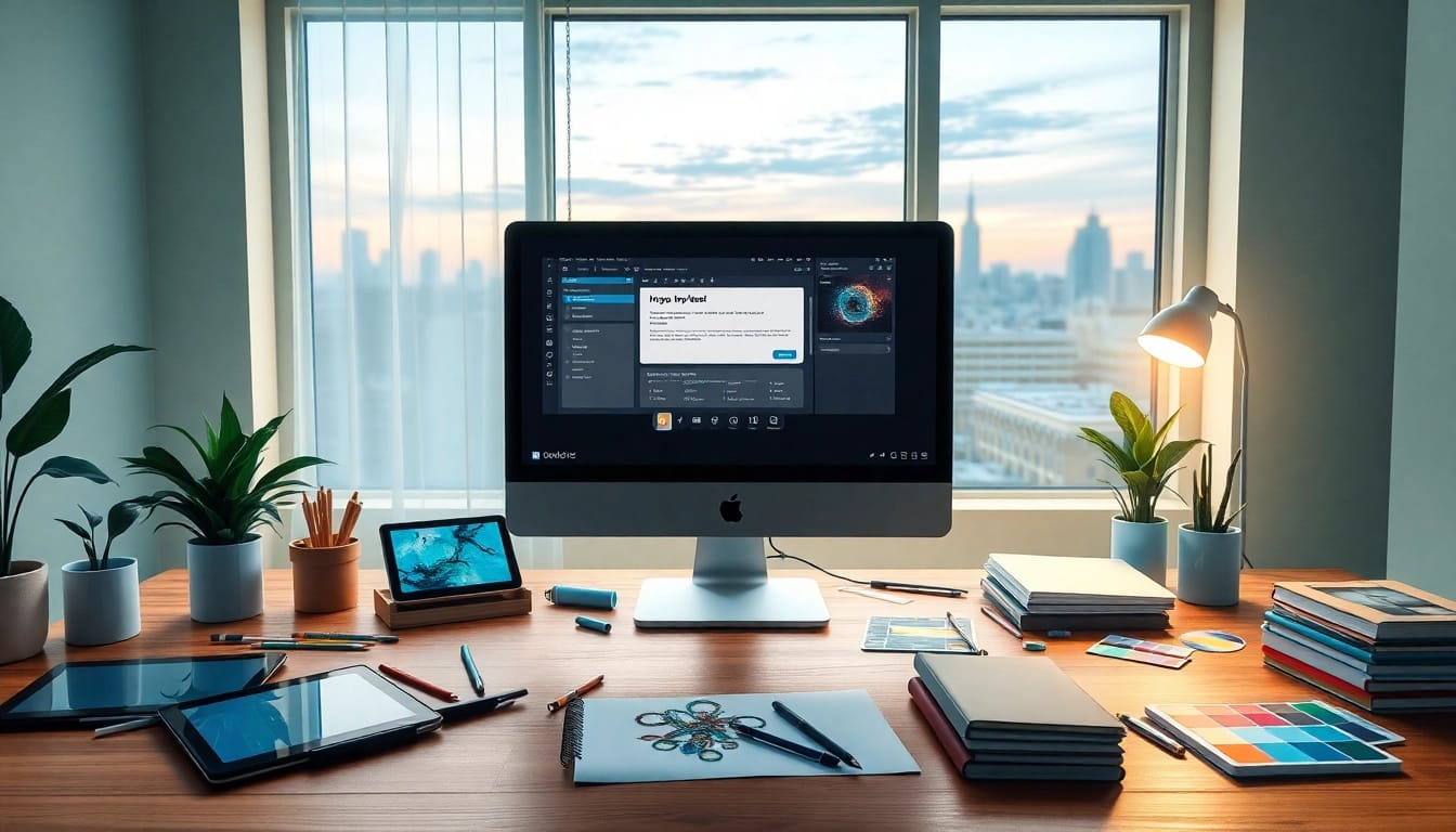 Image to prompt generator setup in a modern workspace with creative tools and city view.