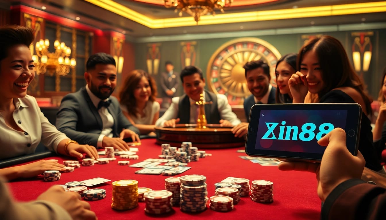 Experience high-stakes excitement with Xin88 com poker players at a luxurious casino table.