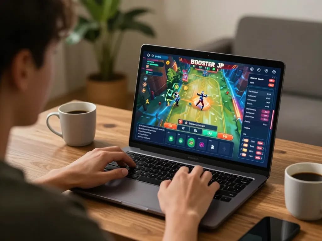Player enjoying Booster JP online slots with vibrant graphics, focused on gaming strategy.