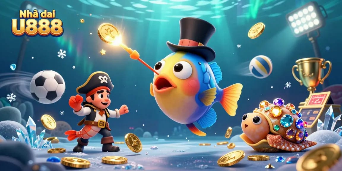 Join the excitement at Nhà cái U888 with this vibrant, action-packed illustration featuring dynamic sea creatures and sports elements.
