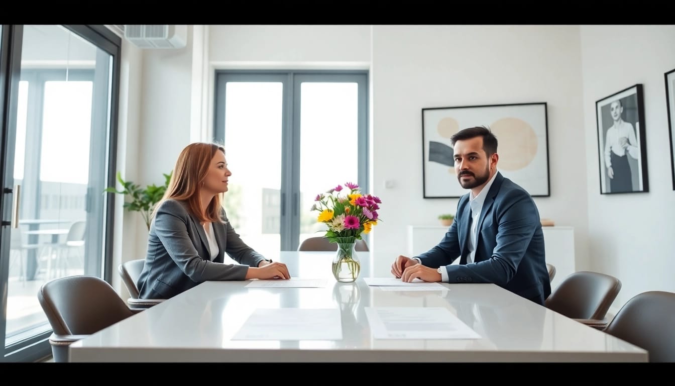 Engaged couple reviewing Family Law Financial Agreements in a modern office setting.
