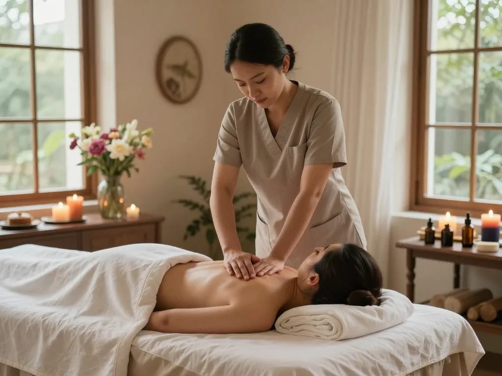 전문가의 손길이 동대문스웨디시 기술을 통해 이완을 제공하는 웰니스 스파의 역동적인 스웨디시 마사지 세션.