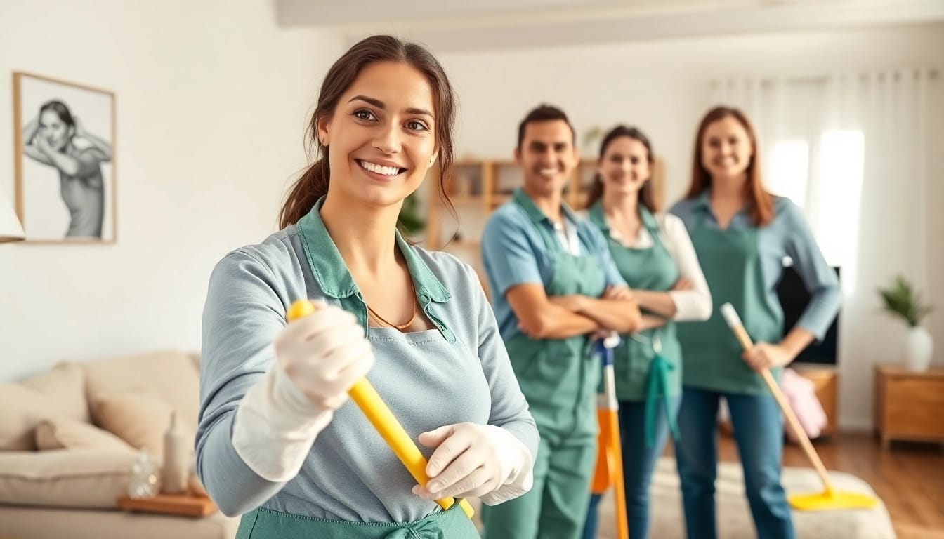 Cleaning service team actively cleaning a bright home, showcasing professionalism and attention to detail.