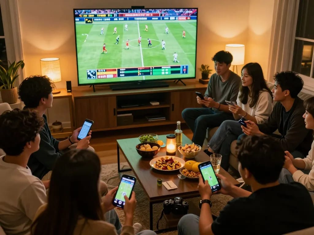 Friends engaging in sports betting while watching a match, showcasing excitement at https://cakhiatv.design/ with smartphones and snacks.