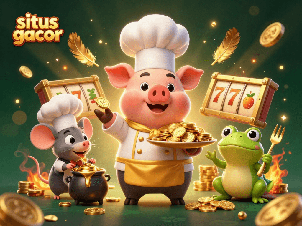 situs gacor showcases a vibrant 3D scene with a chef pig, sous-chef mouse, and critic frog amidst gold coins and slot elements.