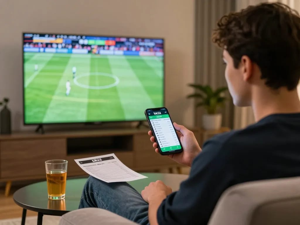 Engaged player using the bk33 app for live sports betting in a cozy home setting.