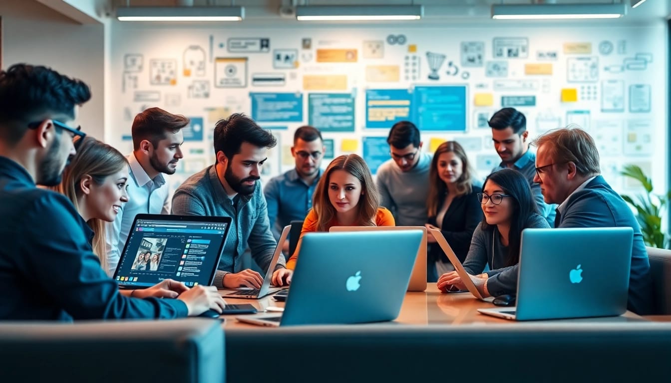 Web development company team brainstorming in a modern office.