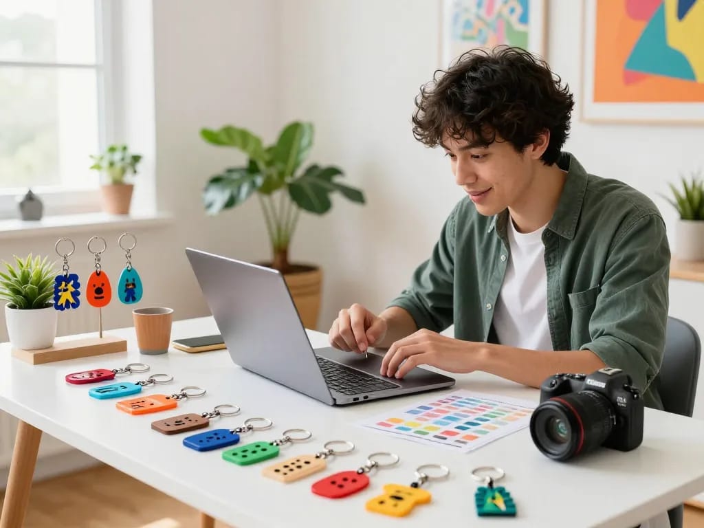 Designing custom keychains in a vibrant workspace full of colorful samples and natural light.