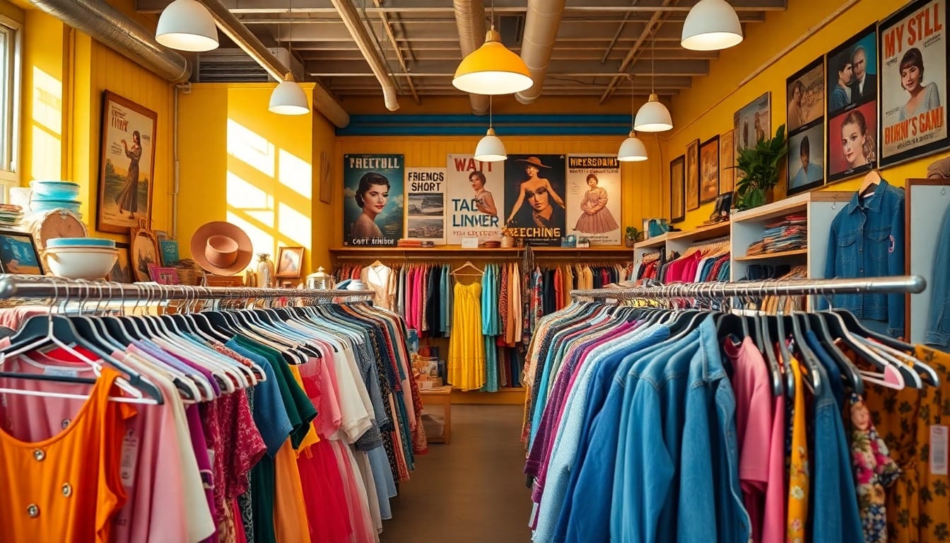 Discovering unique vintage treasures at https://thrift-vintage.com/ in a colorful thrift store atmosphere.