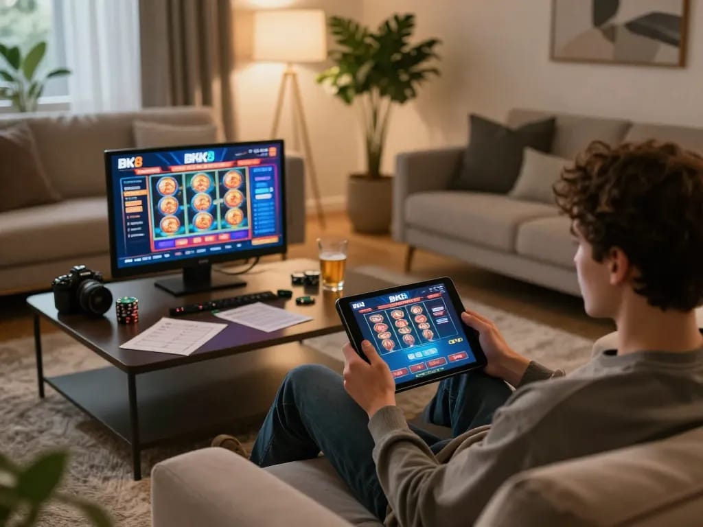 Engaged gamer using BK8 app on tablet to play casino games in a cozy living room.