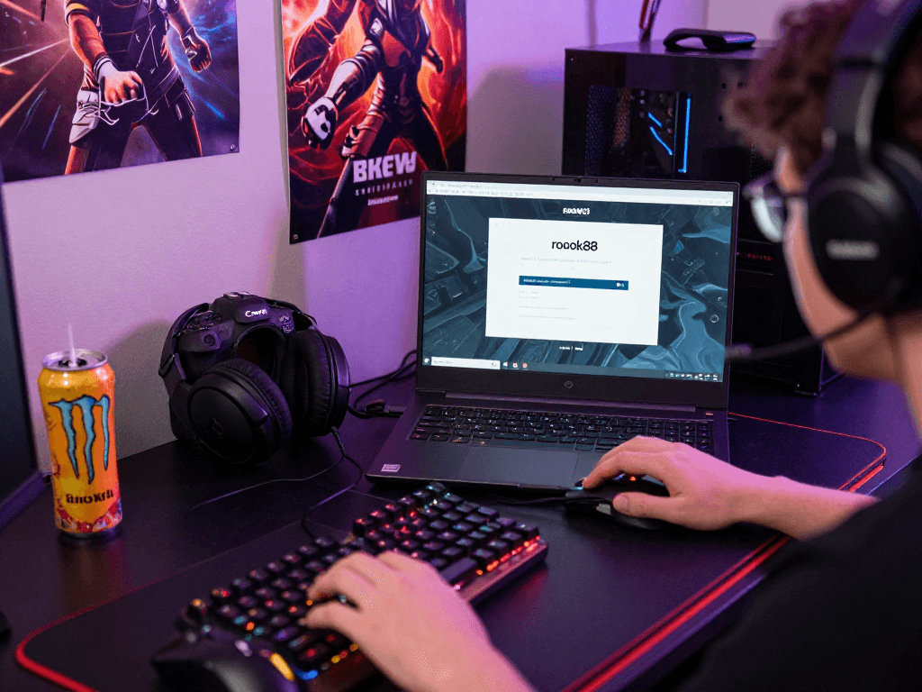 Player focused on rokok88 link login on gaming laptop with vibrant setup.