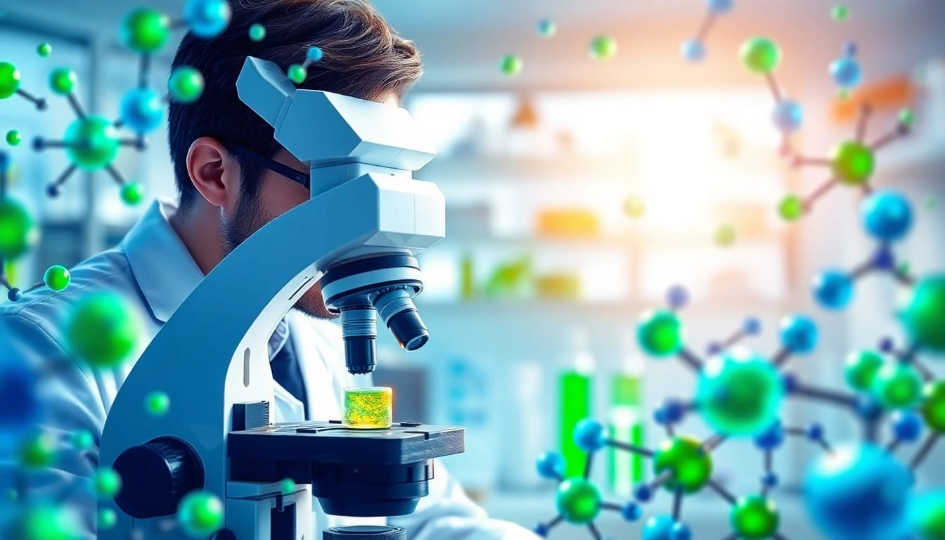 NAD+ molecules being analyzed by a scientist in a vibrant laboratory.