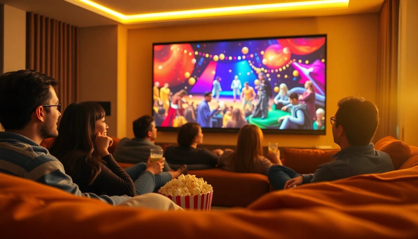 Friends enjoying ดูหนัง night at home with cozy seating, popcorn, and vibrant film visuals.