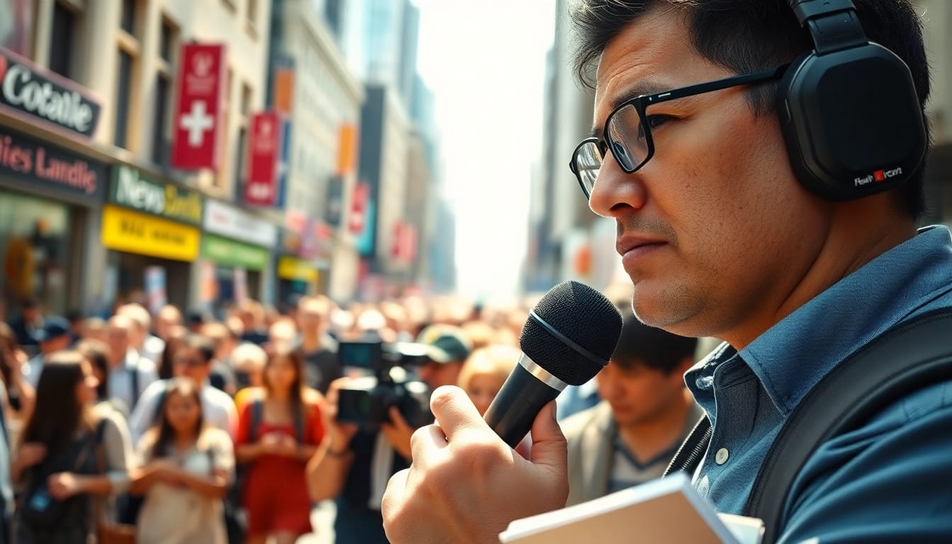 Capture of a journalist covering News amidst a busy urban backdrop filled with activity.